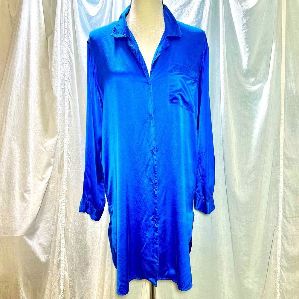 Vintage LaSoie Silk Top Cover Up Night Shirt in Sapphire Blue Sz L